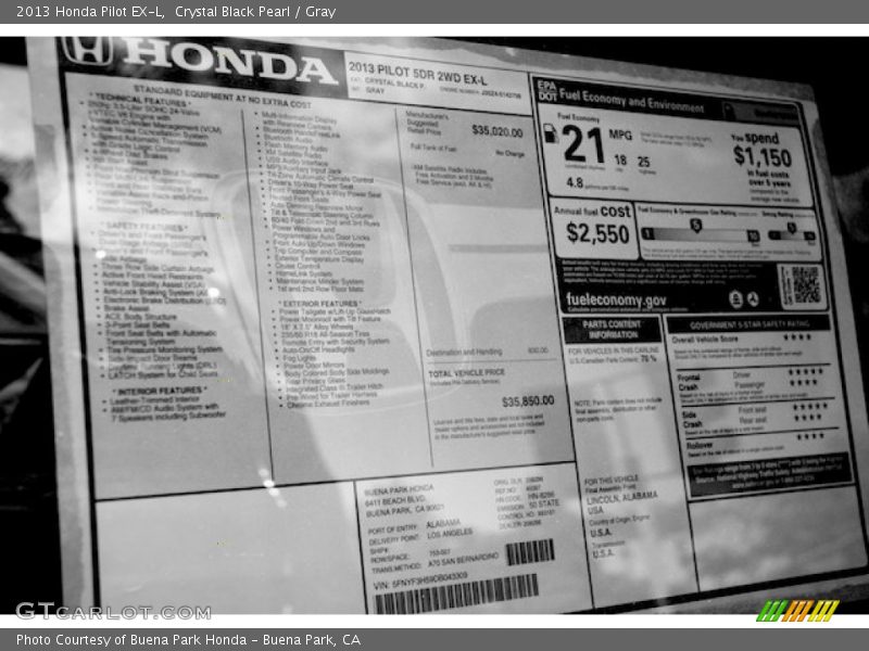 Crystal Black Pearl / Gray 2013 Honda Pilot EX-L