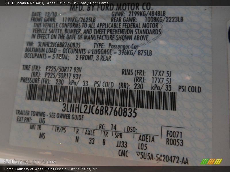 White Platinum Tri-Coat / Light Camel 2011 Lincoln MKZ AWD