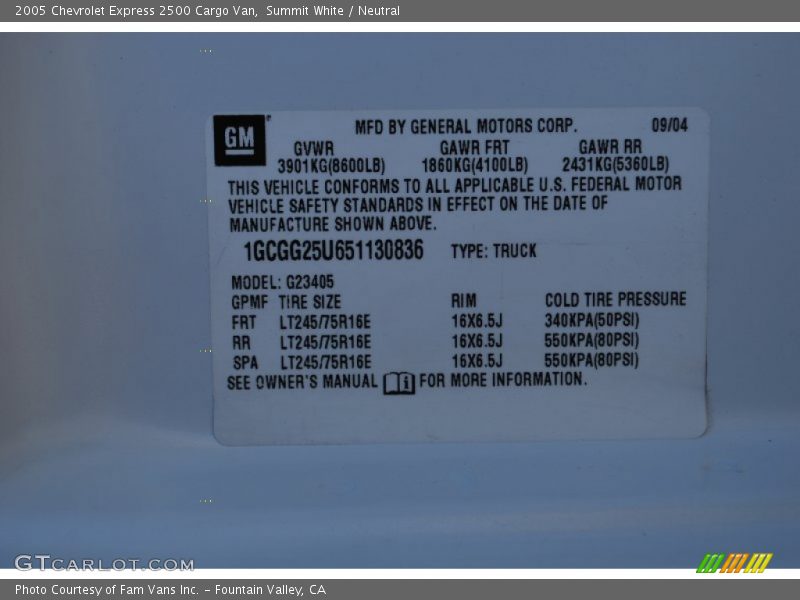 Info Tag of 2005 Express 2500 Cargo Van