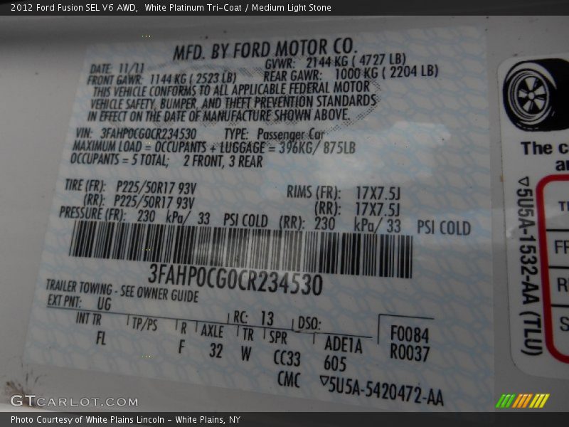 White Platinum Tri-Coat / Medium Light Stone 2012 Ford Fusion SEL V6 AWD