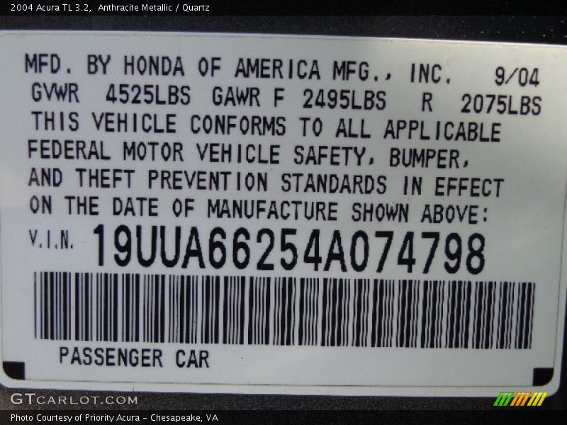 Anthracite Metallic / Quartz 2004 Acura TL 3.2