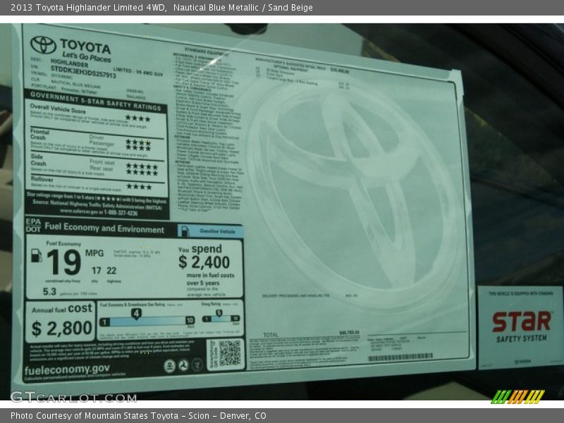Nautical Blue Metallic / Sand Beige 2013 Toyota Highlander Limited 4WD
