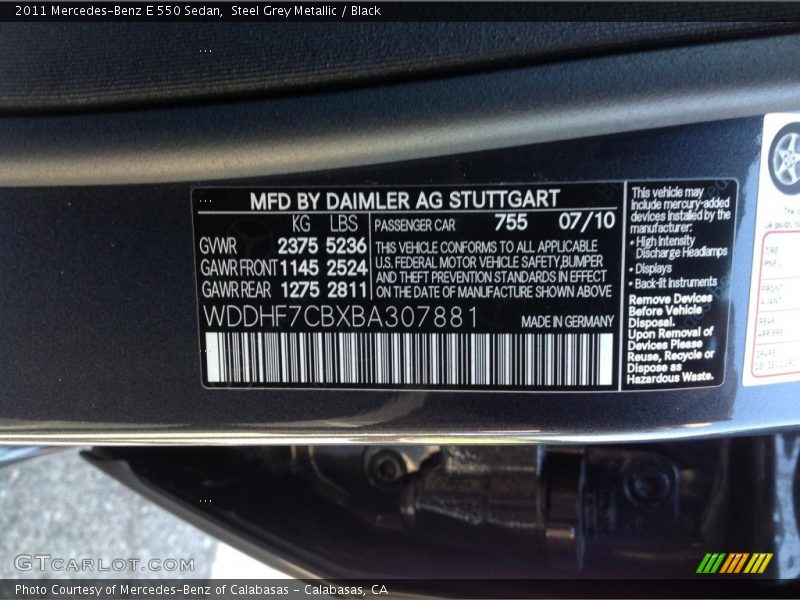 Steel Grey Metallic / Black 2011 Mercedes-Benz E 550 Sedan