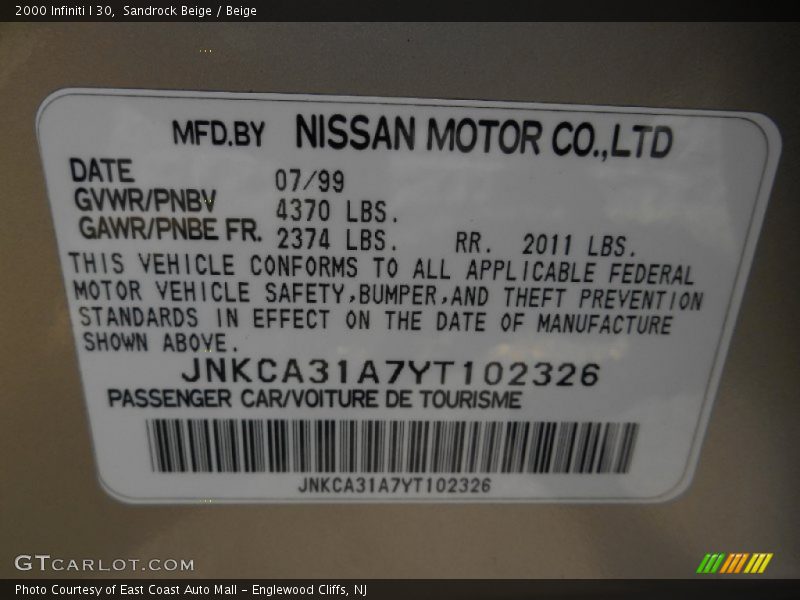 Sandrock Beige / Beige 2000 Infiniti I 30