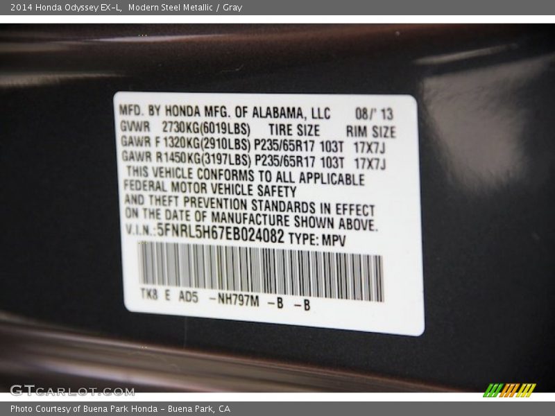 Modern Steel Metallic / Gray 2014 Honda Odyssey EX-L
