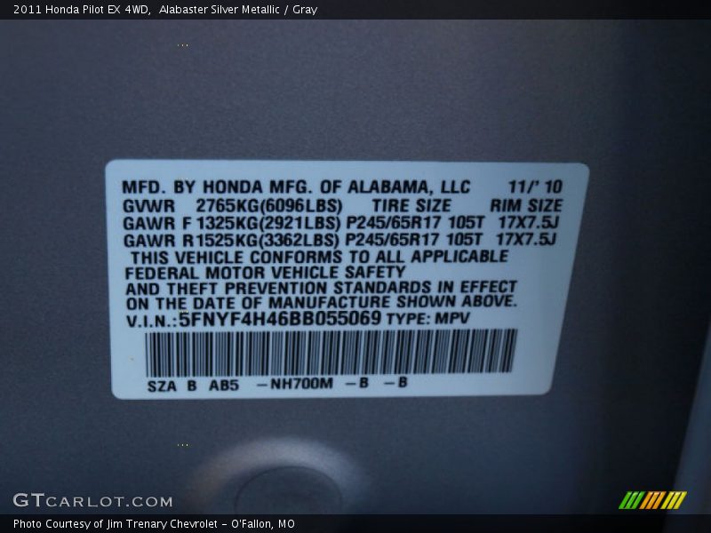 Alabaster Silver Metallic / Gray 2011 Honda Pilot EX 4WD