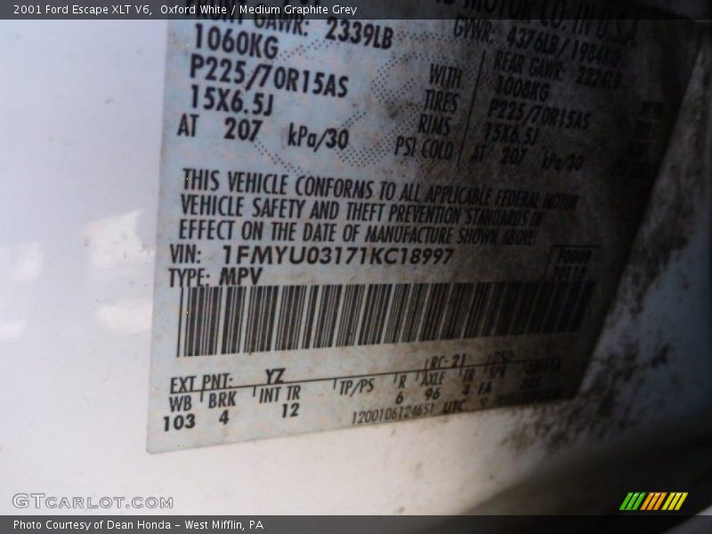 Oxford White / Medium Graphite Grey 2001 Ford Escape XLT V6