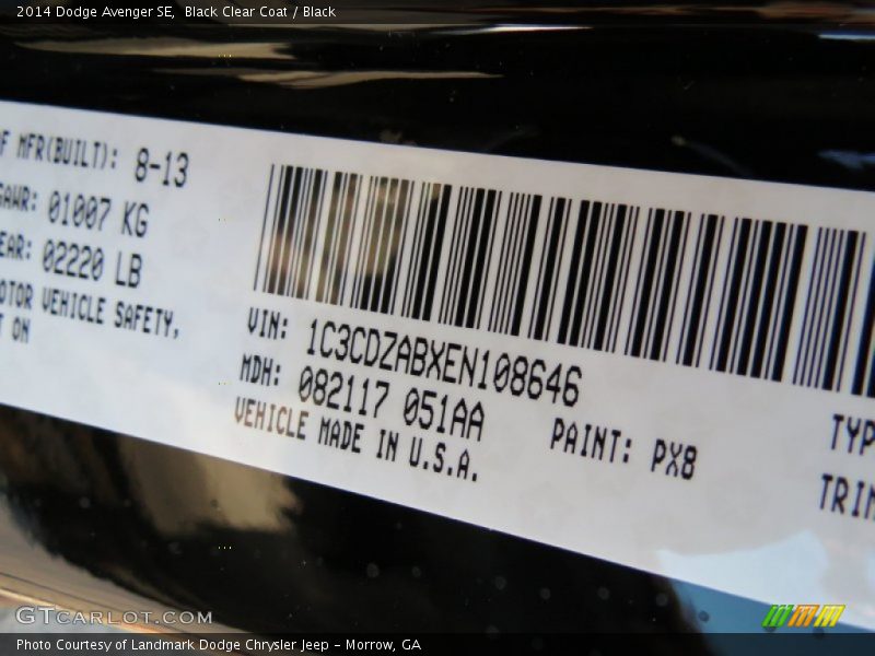 Black Clear Coat / Black 2014 Dodge Avenger SE