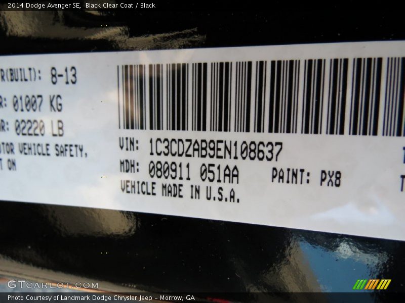 2014 Avenger SE Black Clear Coat Color Code PX8