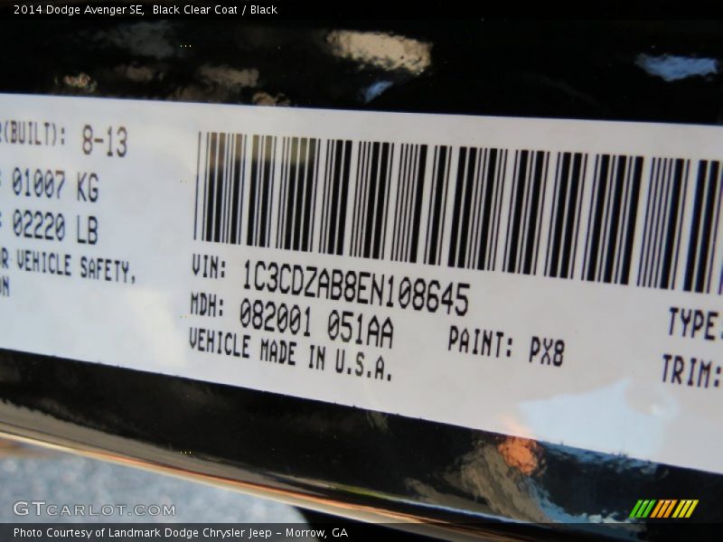 Black Clear Coat / Black 2014 Dodge Avenger SE