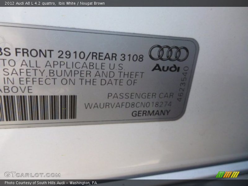 Ibis White / Nougat Brown 2012 Audi A8 L 4.2 quattro