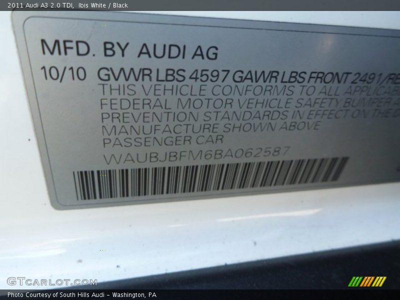 Ibis White / Black 2011 Audi A3 2.0 TDI