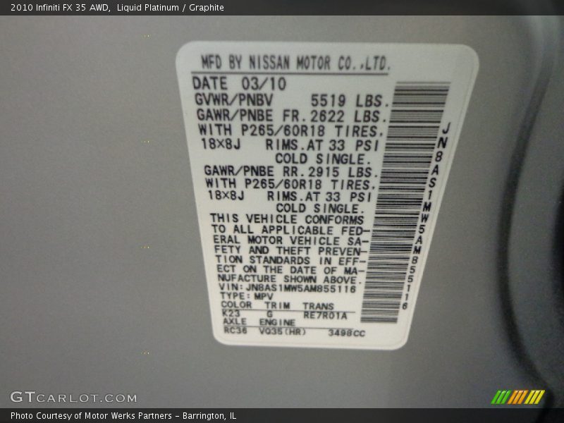 Liquid Platinum / Graphite 2010 Infiniti FX 35 AWD