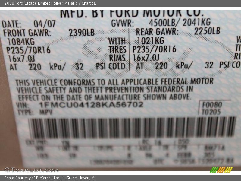 Silver Metallic / Charcoal 2008 Ford Escape Limited