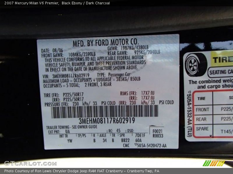 Black Ebony / Dark Charcoal 2007 Mercury Milan V6 Premier