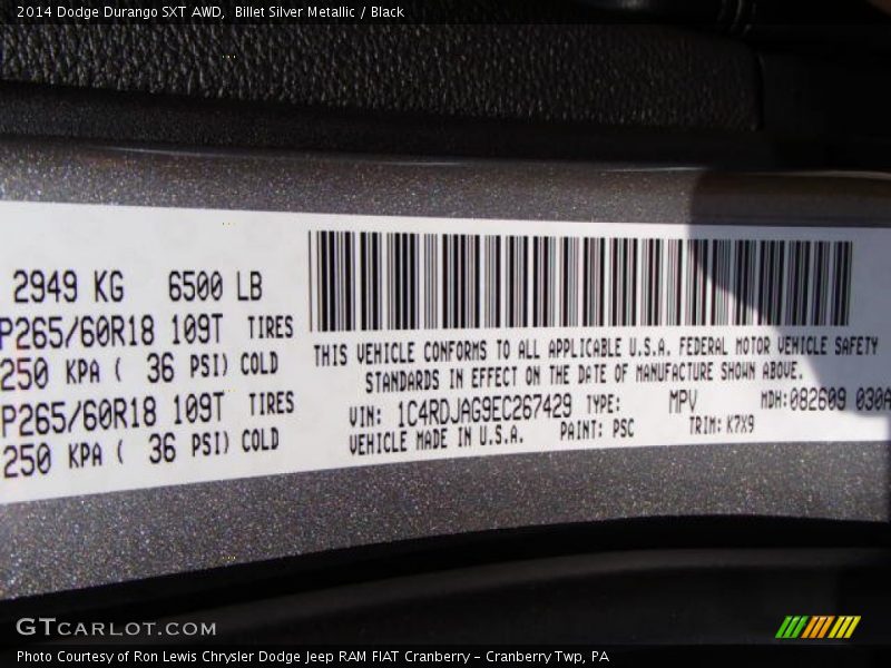 2014 Durango SXT AWD Billet Silver Metallic Color Code PSC
