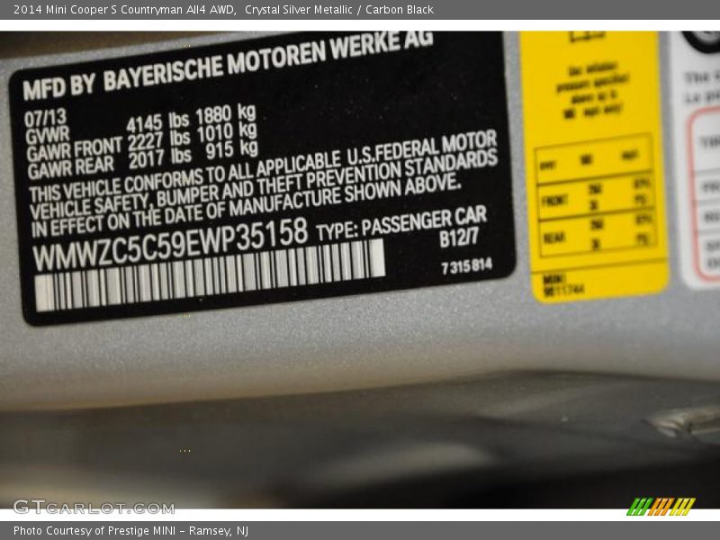 Crystal Silver Metallic / Carbon Black 2014 Mini Cooper S Countryman All4 AWD