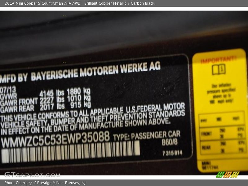 2014 Cooper S Countryman All4 AWD Brilliant Copper Metallic Color Code B60
