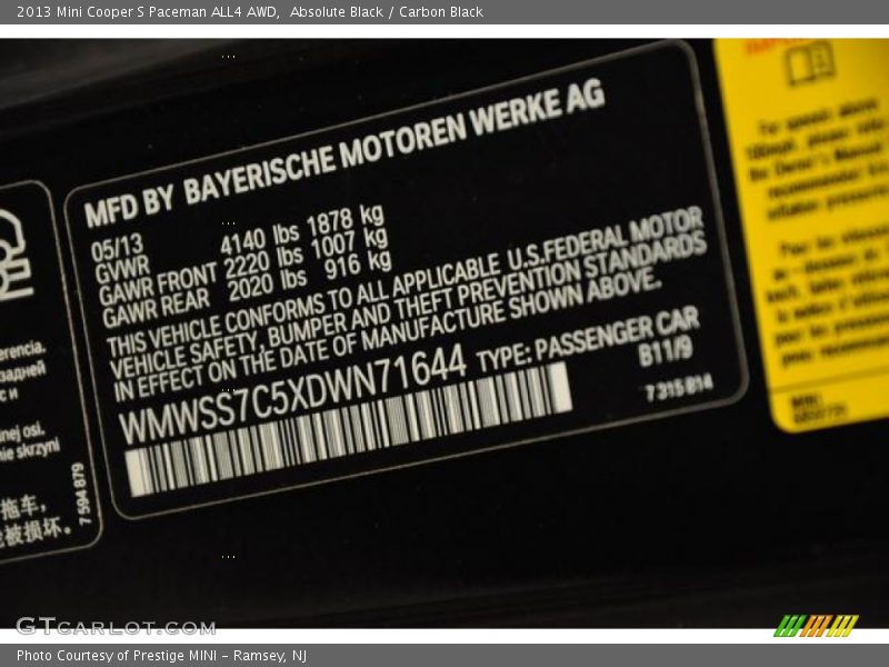 Absolute Black / Carbon Black 2013 Mini Cooper S Paceman ALL4 AWD