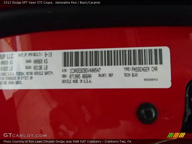 2013 SRT Viper GTS Coupe Adrenaline Red Color Code PR7