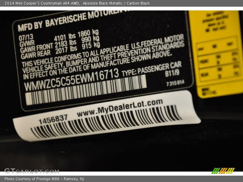 2014 Cooper S Countryman All4 AWD Absolute Black Metallic Color Code B11