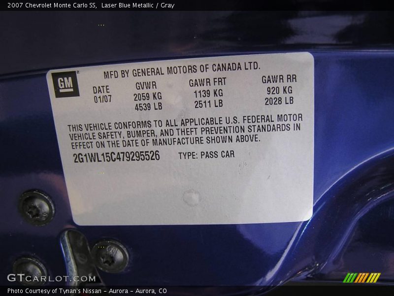 Laser Blue Metallic / Gray 2007 Chevrolet Monte Carlo SS