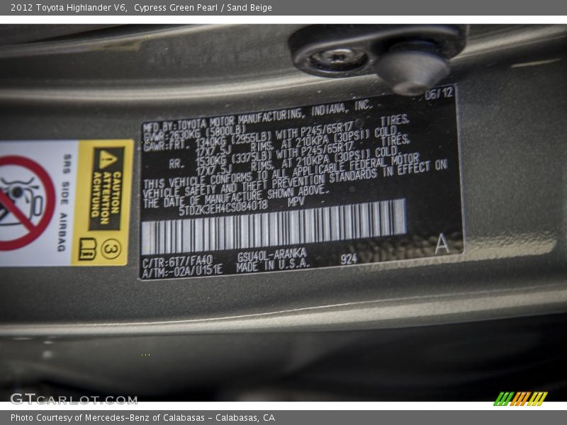 Cypress Green Pearl / Sand Beige 2012 Toyota Highlander V6