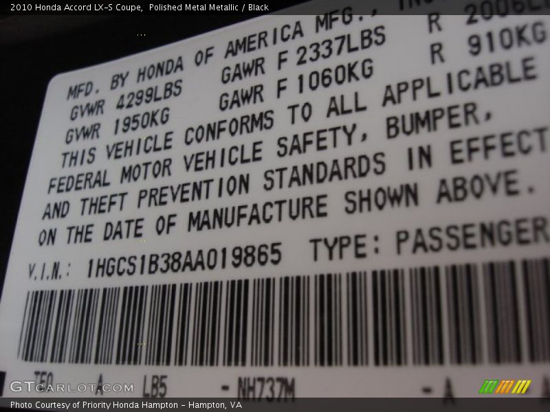 Polished Metal Metallic / Black 2010 Honda Accord LX-S Coupe