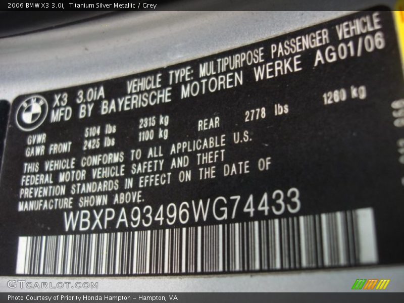 Titanium Silver Metallic / Grey 2006 BMW X3 3.0i