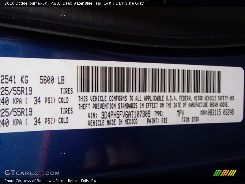 Deep Water Blue Pearl Coat / Dark Slate Gray 2010 Dodge Journey SXT AWD