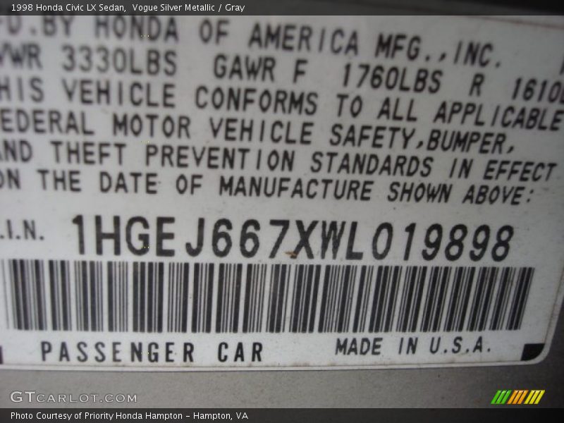 Vogue Silver Metallic / Gray 1998 Honda Civic LX Sedan