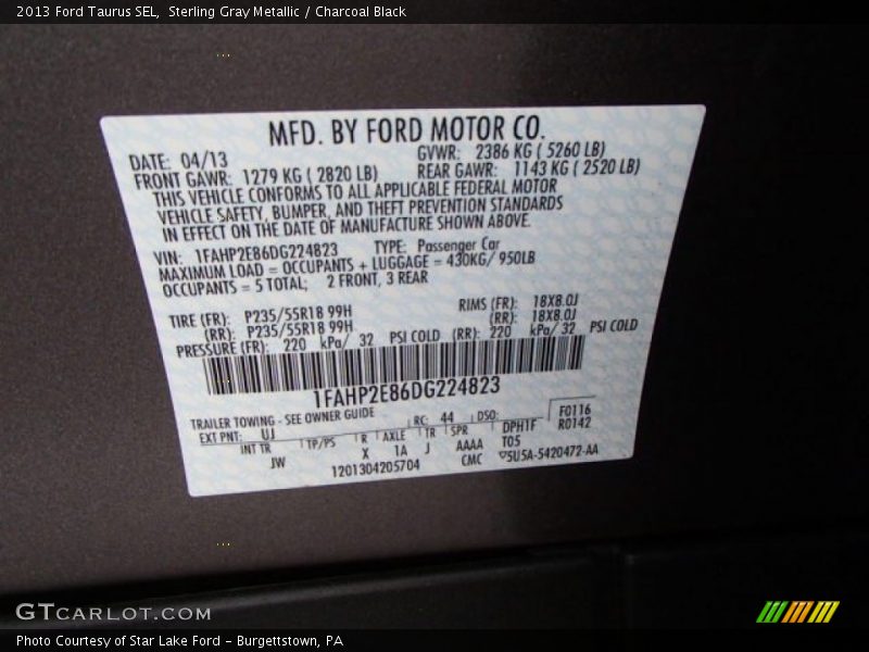 Sterling Gray Metallic / Charcoal Black 2013 Ford Taurus SEL