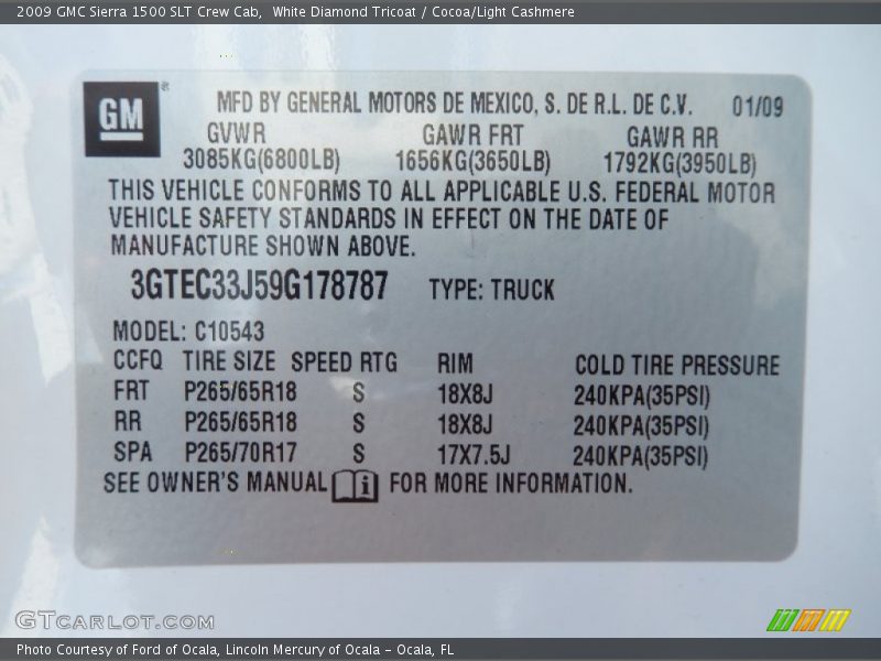 Info Tag of 2009 Sierra 1500 SLT Crew Cab