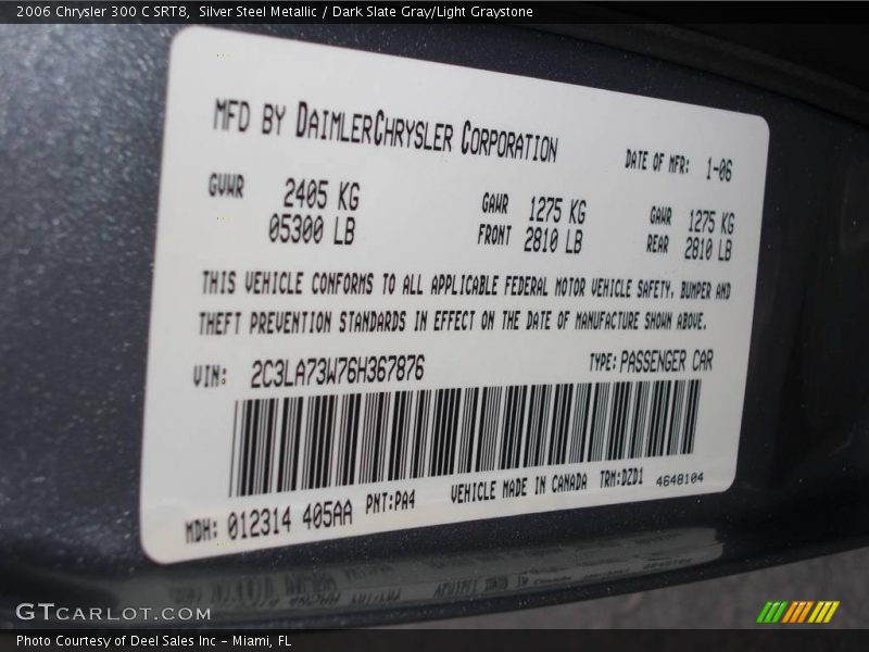 Silver Steel Metallic / Dark Slate Gray/Light Graystone 2006 Chrysler 300 C SRT8