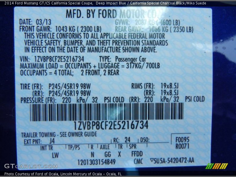 2014 Mustang GT/CS California Special Coupe Deep Impact Blue Color Code J4