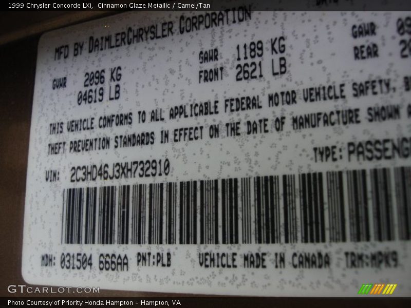 1999 Concorde LXi Cinnamon Glaze Metallic Color Code PLB