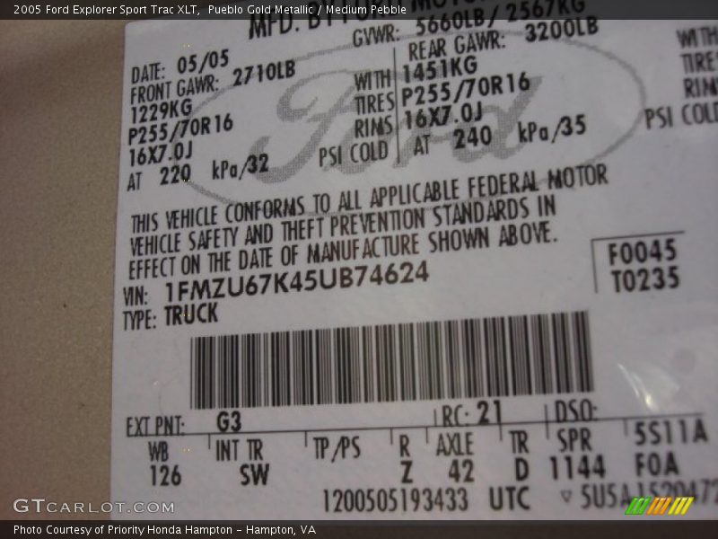 Pueblo Gold Metallic / Medium Pebble 2005 Ford Explorer Sport Trac XLT