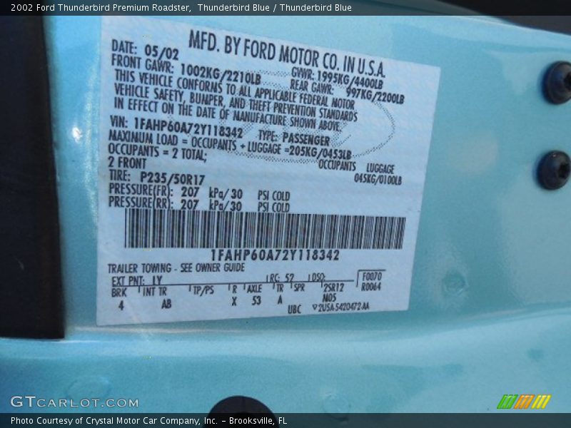 2002 Thunderbird Premium Roadster Thunderbird Blue Color Code LY