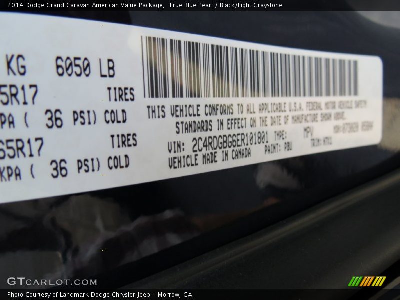 2014 Grand Caravan American Value Package True Blue Pearl Color Code PBU
