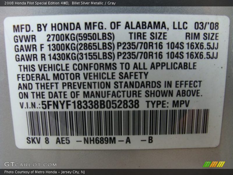 Billet Silver Metallic / Gray 2008 Honda Pilot Special Edition 4WD