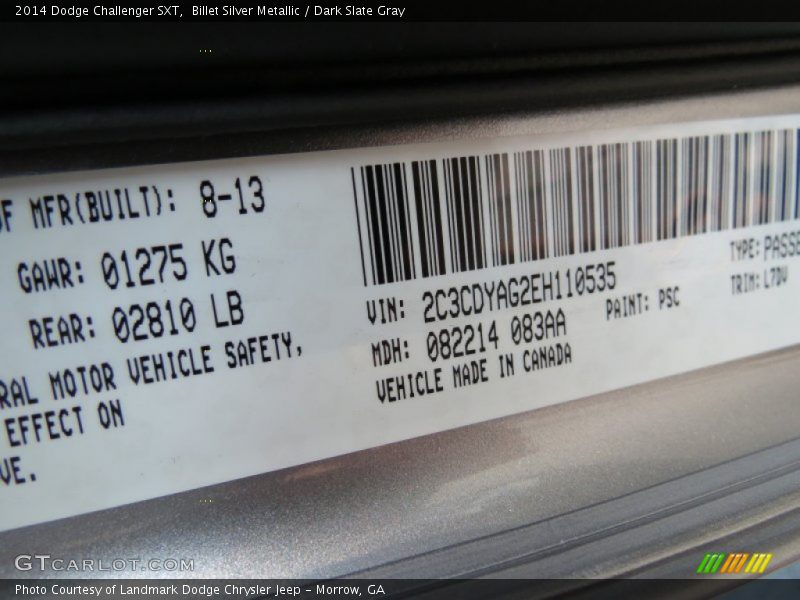 2014 Challenger SXT Billet Silver Metallic Color Code PSC