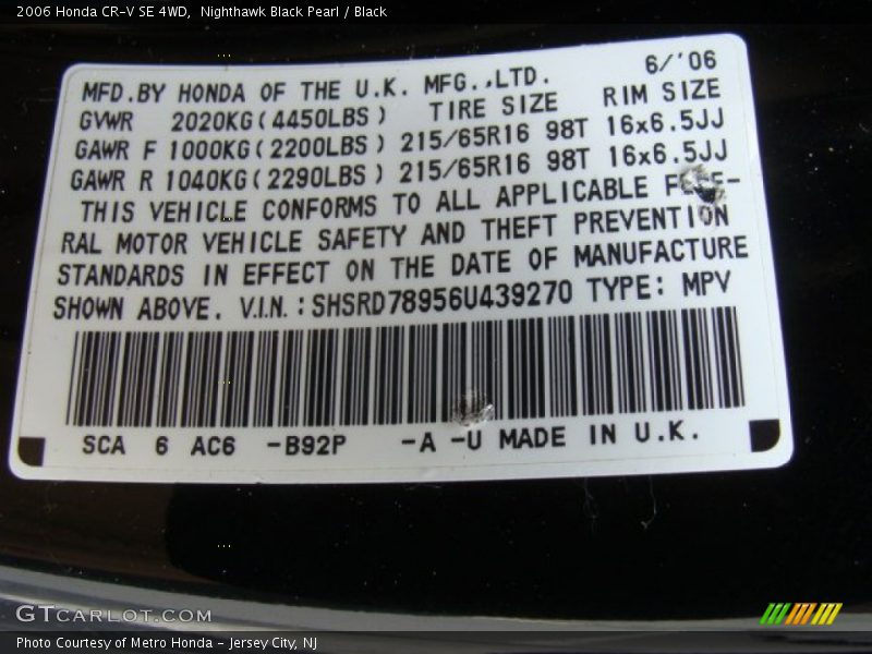 Nighthawk Black Pearl / Black 2006 Honda CR-V SE 4WD