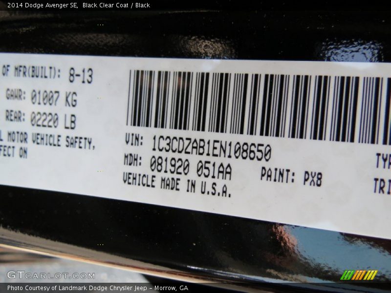 Black Clear Coat / Black 2014 Dodge Avenger SE