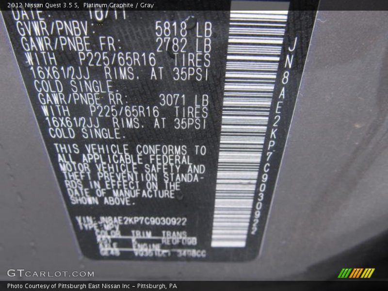 Platinum Graphite / Gray 2012 Nissan Quest 3.5 S