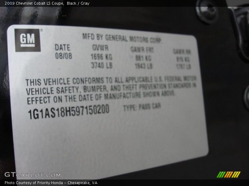 Black / Gray 2009 Chevrolet Cobalt LS Coupe