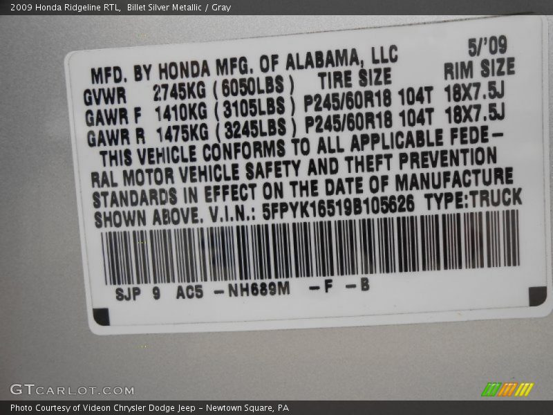 Billet Silver Metallic / Gray 2009 Honda Ridgeline RTL
