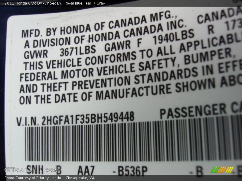 Royal Blue Pearl / Gray 2011 Honda Civic DX-VP Sedan