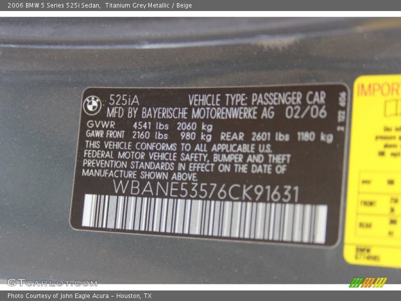 Titanium Grey Metallic / Beige 2006 BMW 5 Series 525i Sedan