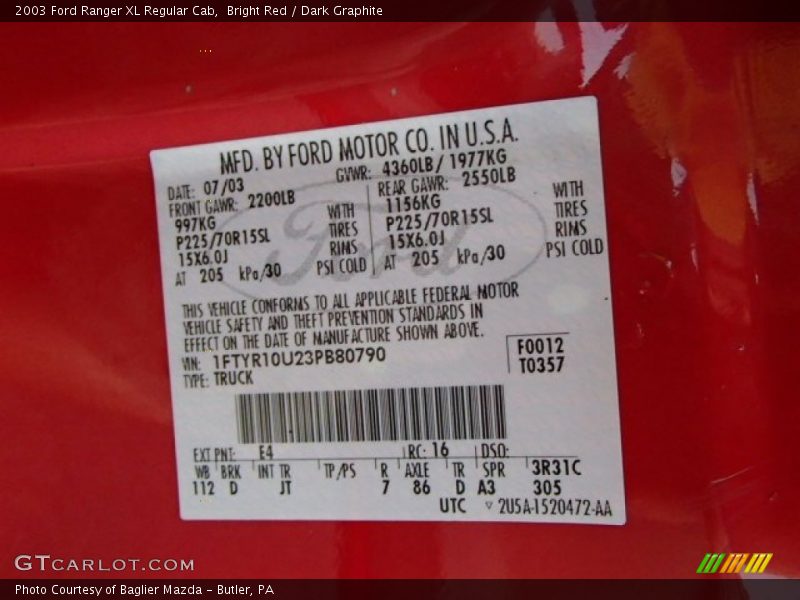 Bright Red / Dark Graphite 2003 Ford Ranger XL Regular Cab