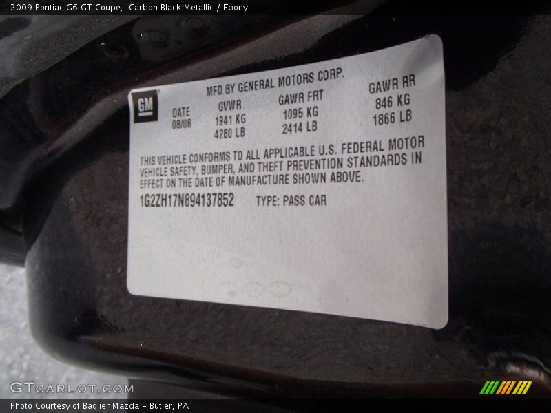 Carbon Black Metallic / Ebony 2009 Pontiac G6 GT Coupe